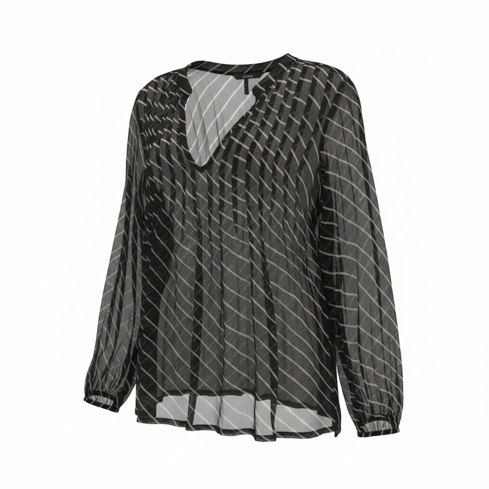 Joie Blouse Black White Striped‎ 100% Silk Pintuck V-Neck M Medium Sheer V Neck